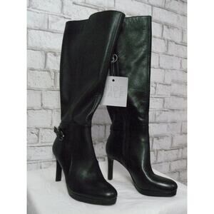 $250 Naturalizer Wide Calf Black Leather Tai Stiletto Heel Boots 4.5 US NEW